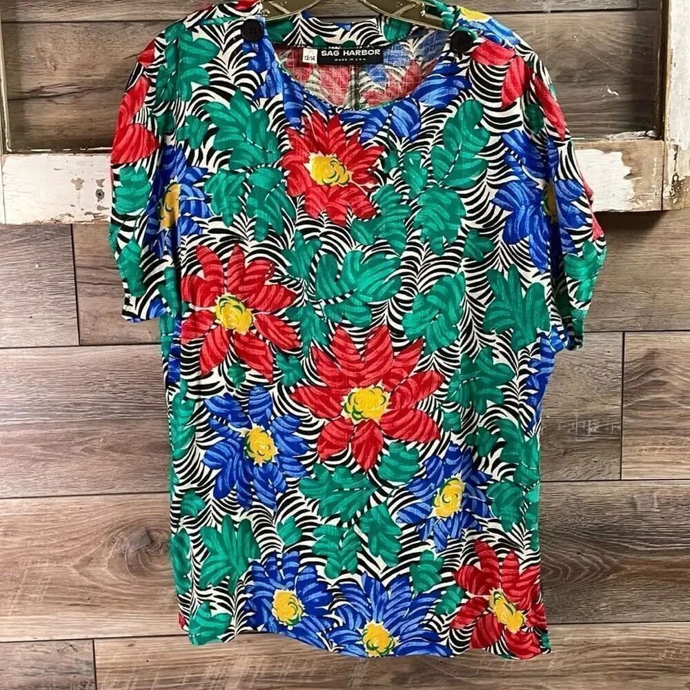 Vintage SAG HARBOR Hawaiian Floral Animal Print Dress Blouse Short Sleeve 13/14